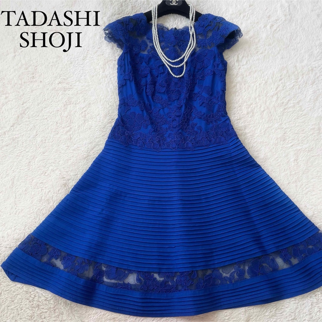 TADASHI SHOJI(タダシショウジ)の美品　タダシショージ　フラワーレースドレス　ワンピース　ロイヤルブルー レディースのワンピース(ひざ丈ワンピース)の商品写真