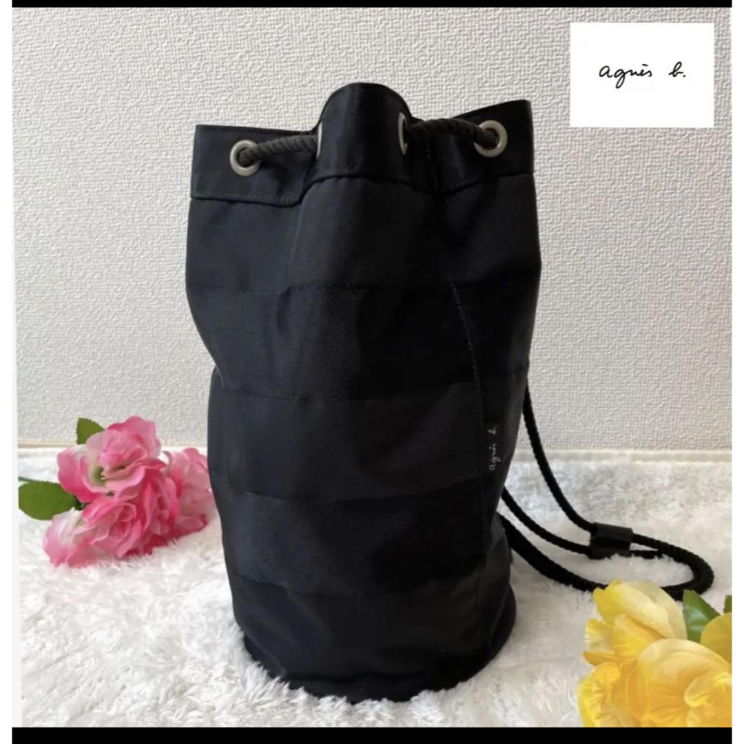 agnes b.(アニエスベー)の美品✨アニエスベー ワンショルダーバッグ 巾着　筒型　レザー ブラック　ボーダー レディースのバッグ(ショルダーバッグ)の商品写真