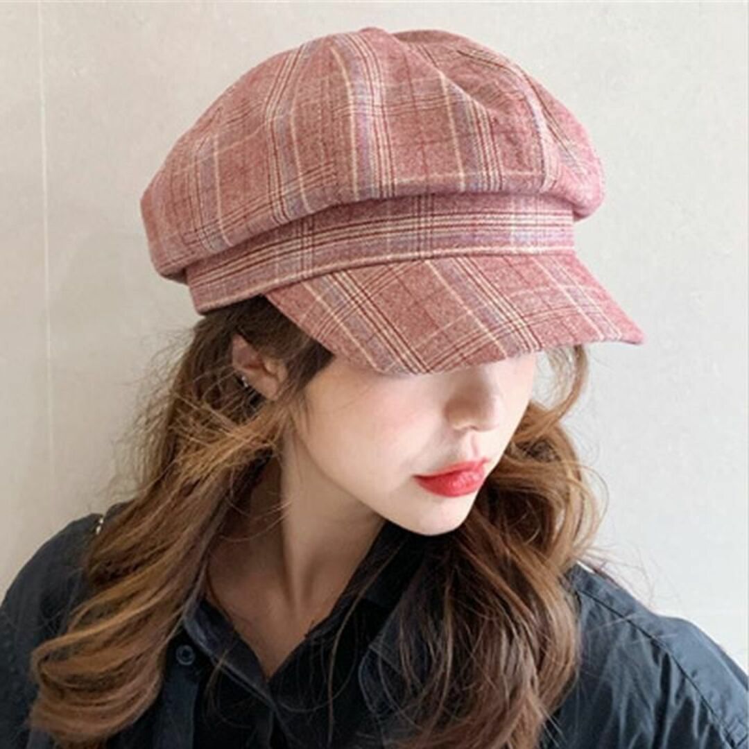 キャスケット　小顔効果　帽子　レディース　韓国　ピンク　日焼け防止　チェック レディースの帽子(キャスケット)の商品写真