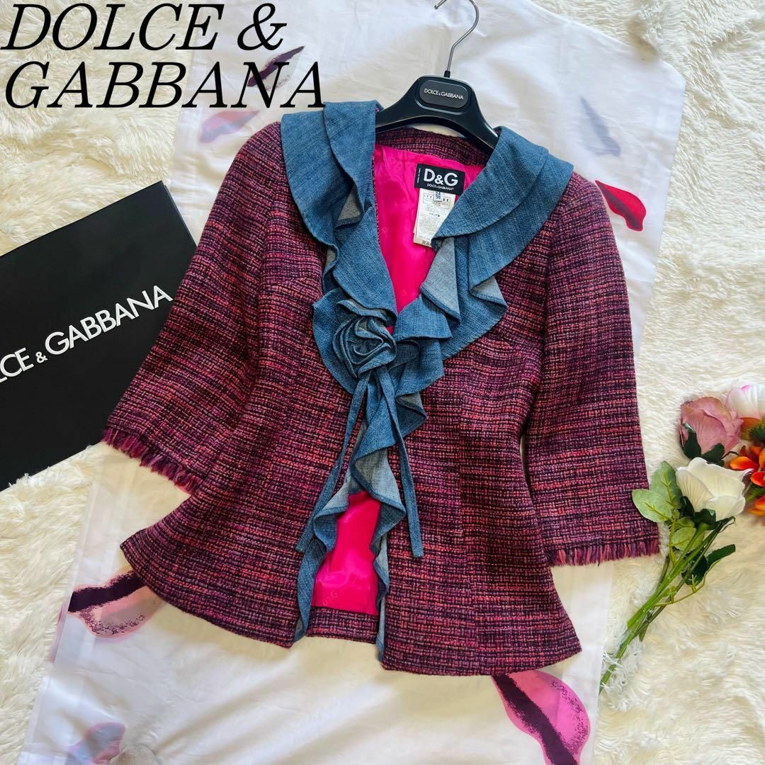 素材ウールナイロン【美品】DOLCE&GABBANA ツイードジャケット デニム フリル 38