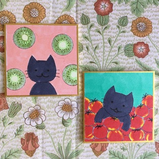 猫　手描きイラスト　「キウイと猫」「トマトに埋もれる猫」　豆色紙セット(アート/写真)