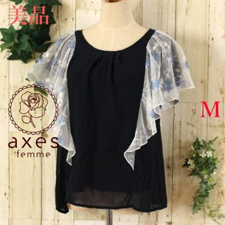 アクシーズファム(axes femme)の美品★axes femmeネイビー袖シアーフラワーレース切替半袖ブラウスM(シャツ/ブラウス(半袖/袖なし))