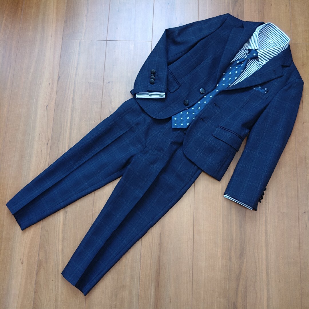 美品　男の子 フォーマルスーツ　120　チェック　紺　青　ブルー　スーツ　ズボン