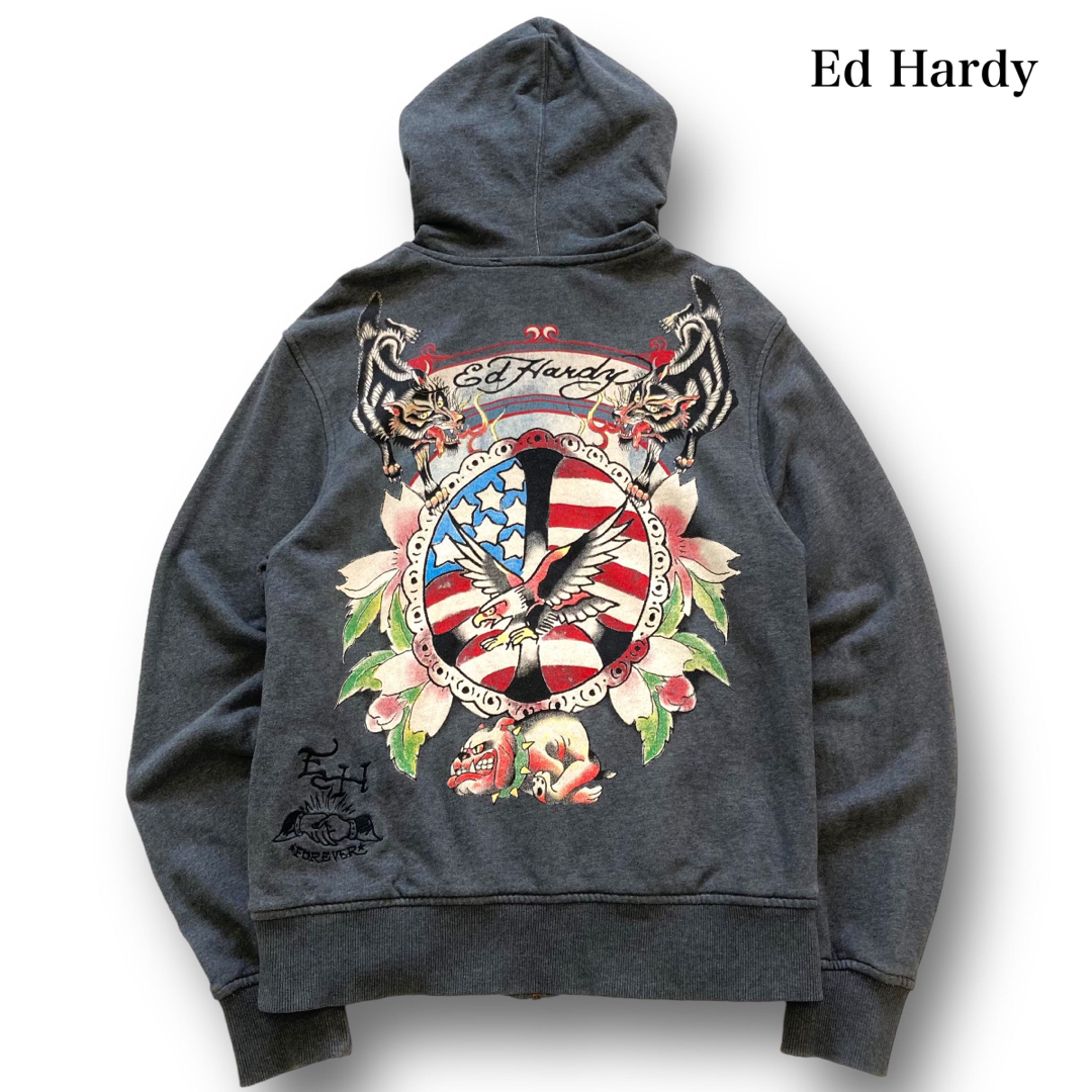 Ed Hardy 【Ed Hardy】エドハーディー バックプリント ジップパーカー 刺繍ロゴ Mの通販 by AMB/フォローで価格交渉歓迎‼︎｜ エドハーディーならラクマ