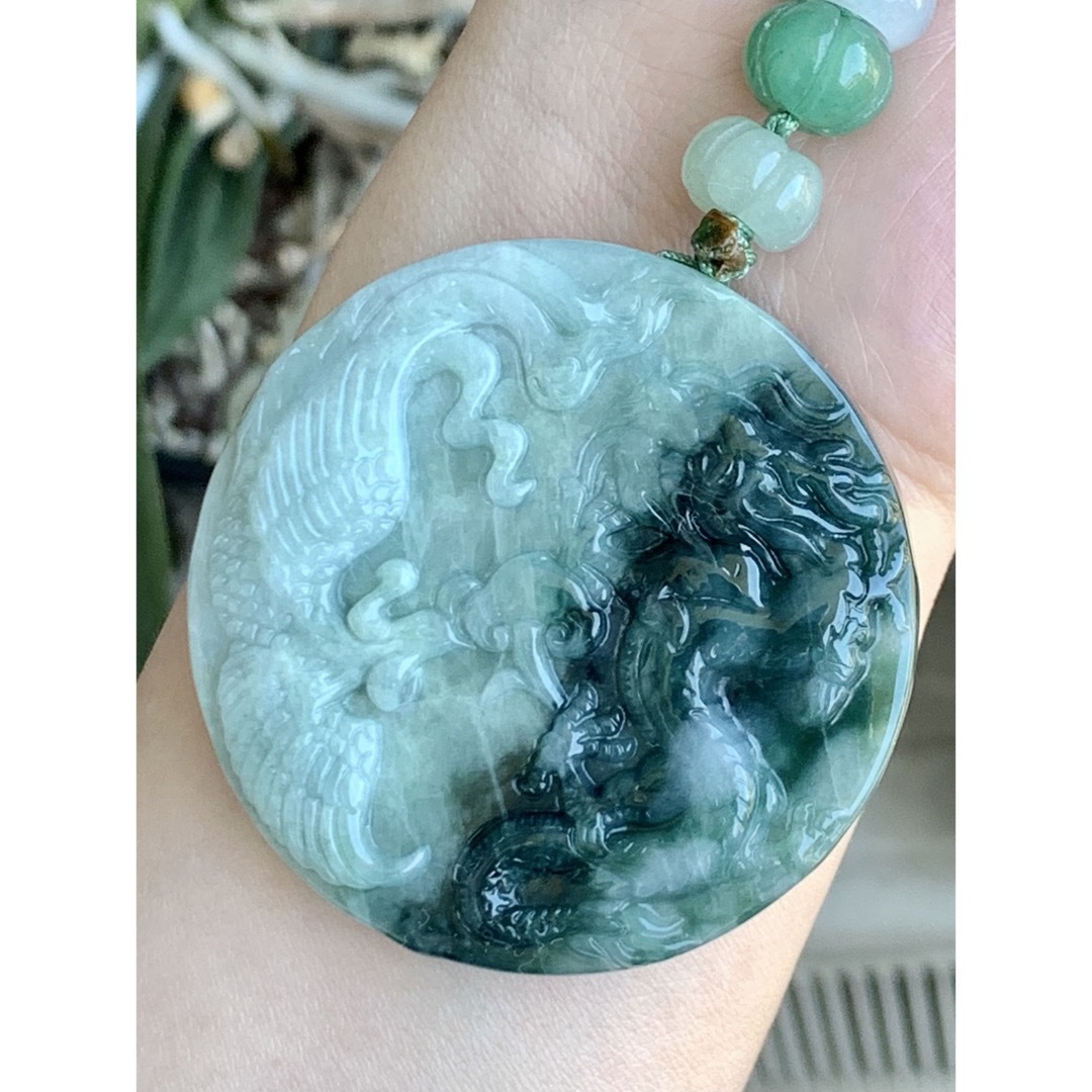 本翡翠 両面彫刻⭐️龍神鳳凰 ストラップ 新品2400-