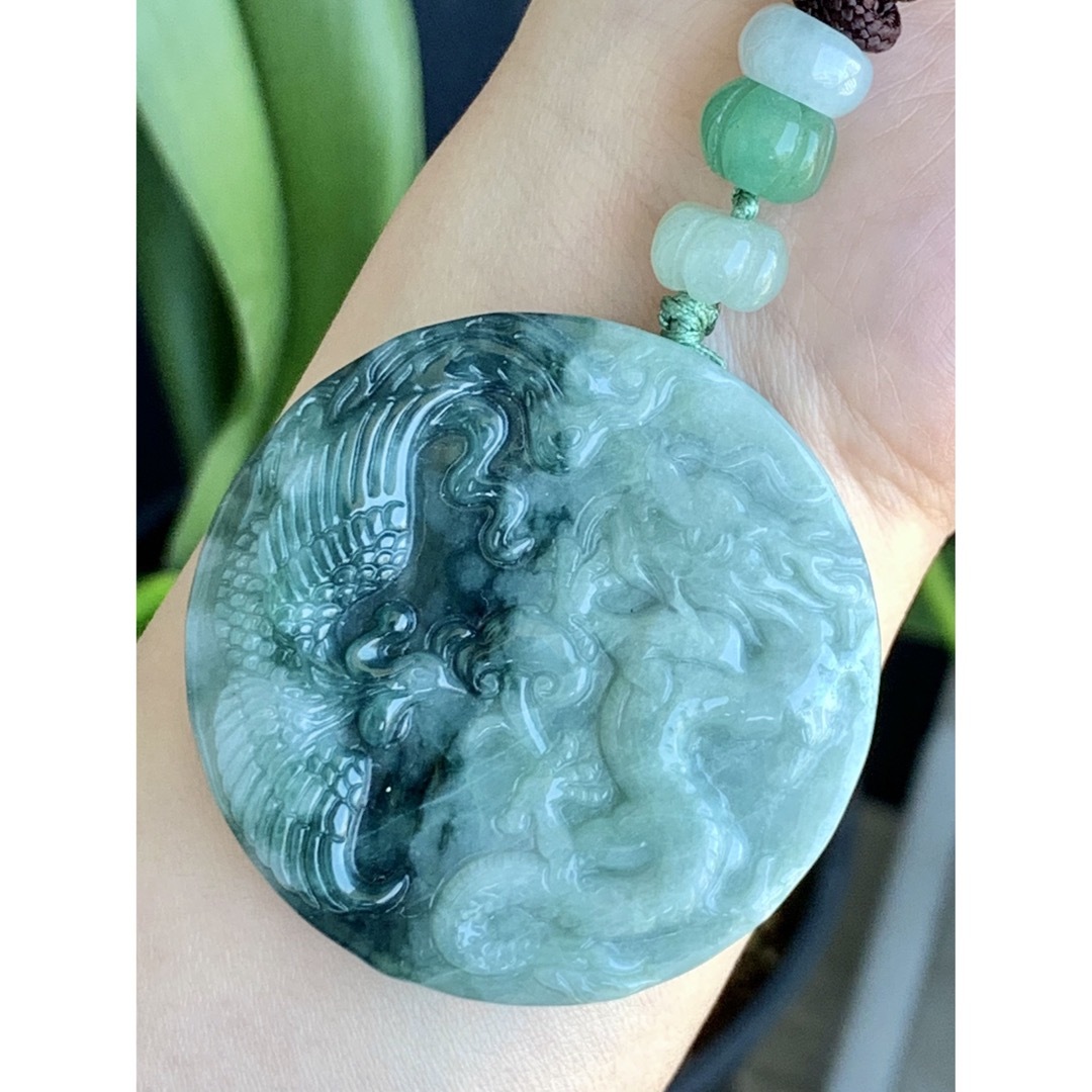 本翡翠 両面彫刻⭐️龍神鳳凰 ストラップ 新品2400-