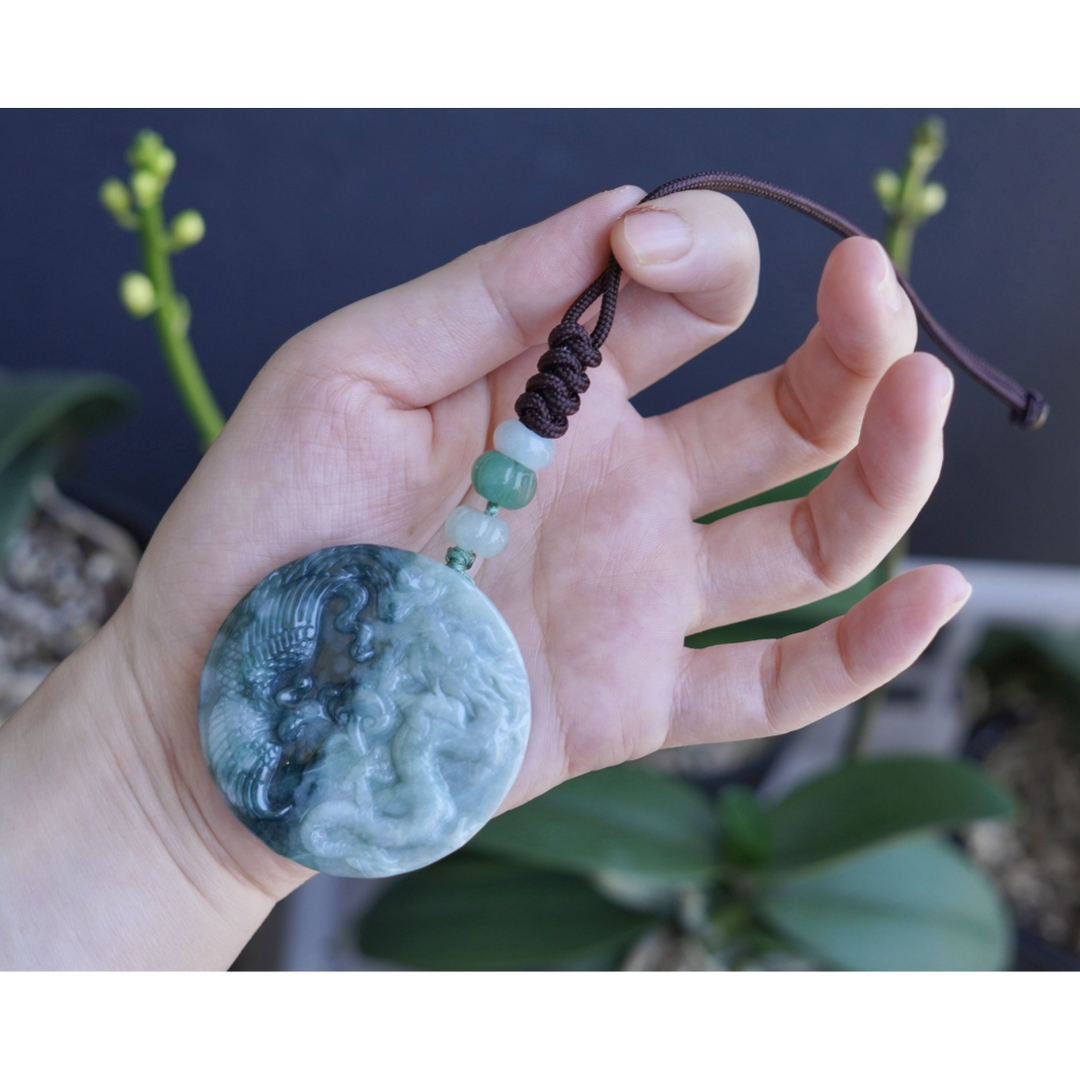 本翡翠 両面彫刻⭐️龍神鳳凰 ストラップ 新品2400-