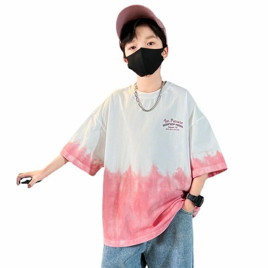 新品☆ キッズ Tシャツ 150 ホワイト／ピンク タイダイ柄 オーバーサイズ キッズ/ベビー/マタニティのキッズ服男の子用(90cm~)(Tシャツ/カットソー)の商品写真