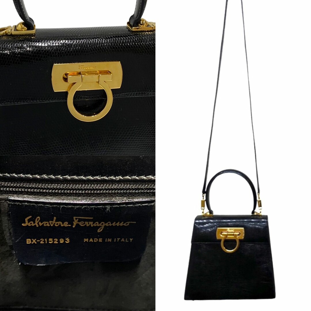 極 美品 袋付 Salvatore Ferragamo フェラガモ ガンチーニ 金具 リザード レザー 2way ハンドバッグ ショルダーバッグ ブラック 8mnb191-3