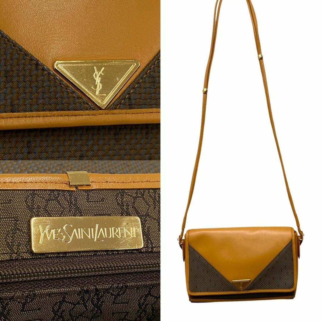 極 美品 YVES SAINT LAURENT イヴサンローラン YSL ロゴ 金具 レザー 本革 ミニ ショルダーバッグ ポシェット ブラウン  カーキ 67925