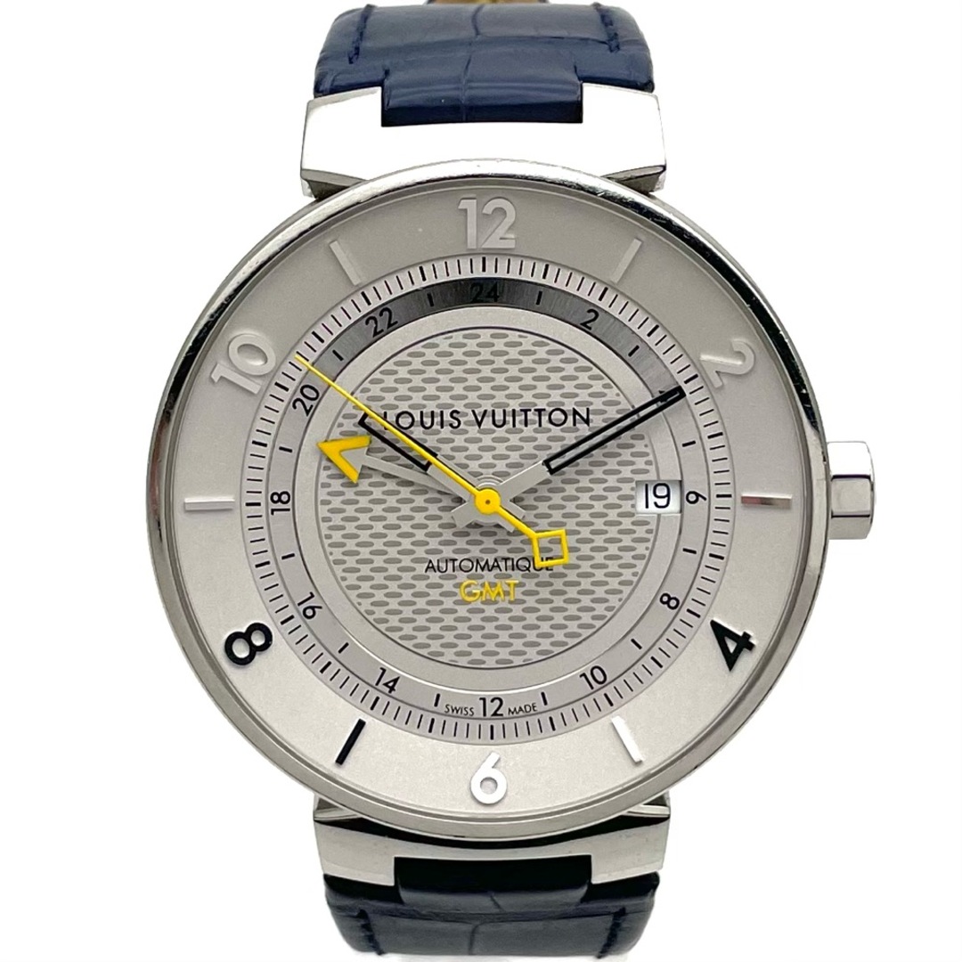LOUIS VUITTON ルイヴィトン 腕時計 タンブール ムーン GMT 替えベルト付 AT ホワイト文字盤 SS Q8D31 自動巻き ステンレススチール  レザー   シルバー メンズ 定番【品】