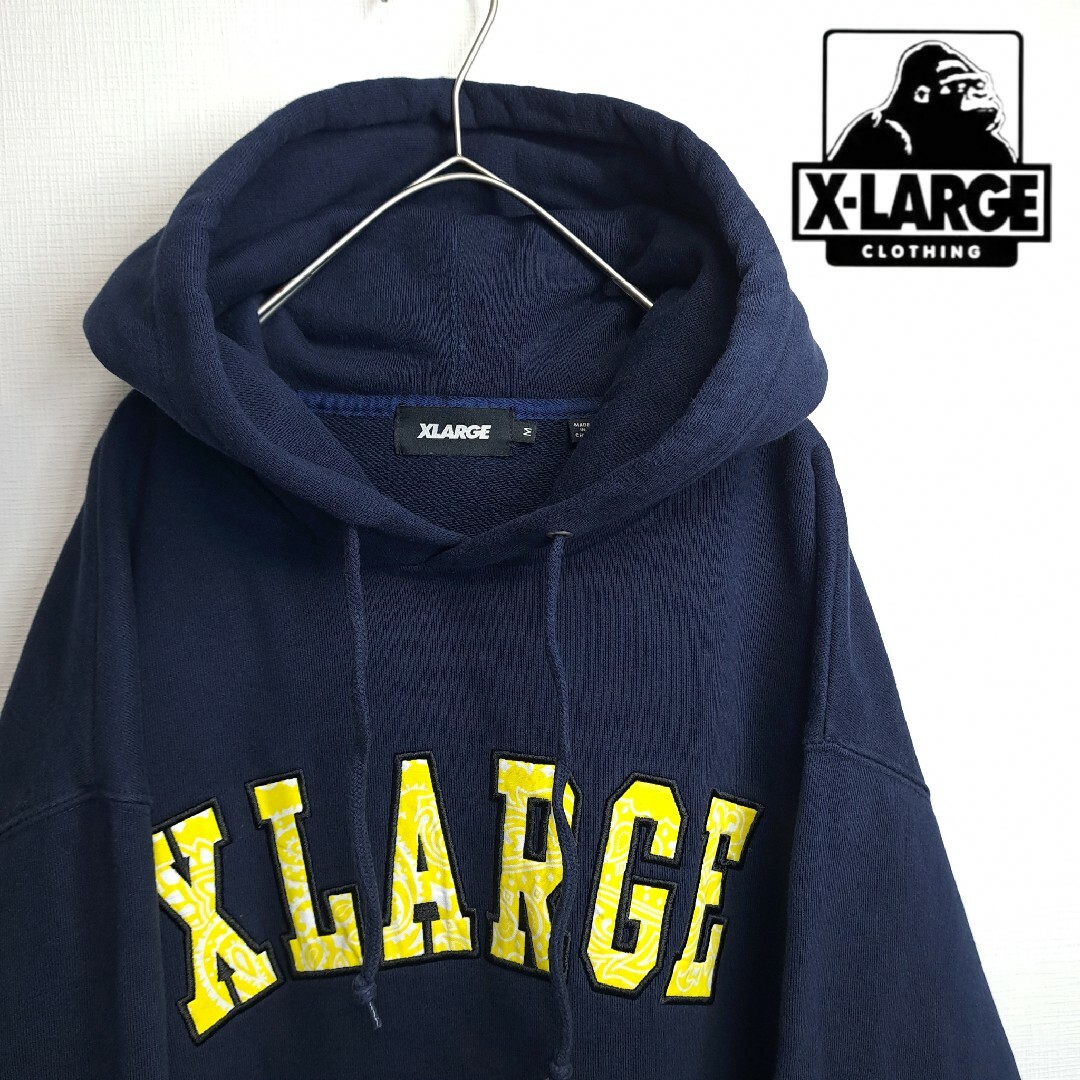 【美品】X-LARGE バンダナロゴ 厚手 プルオーバー パーカー ネイビー M