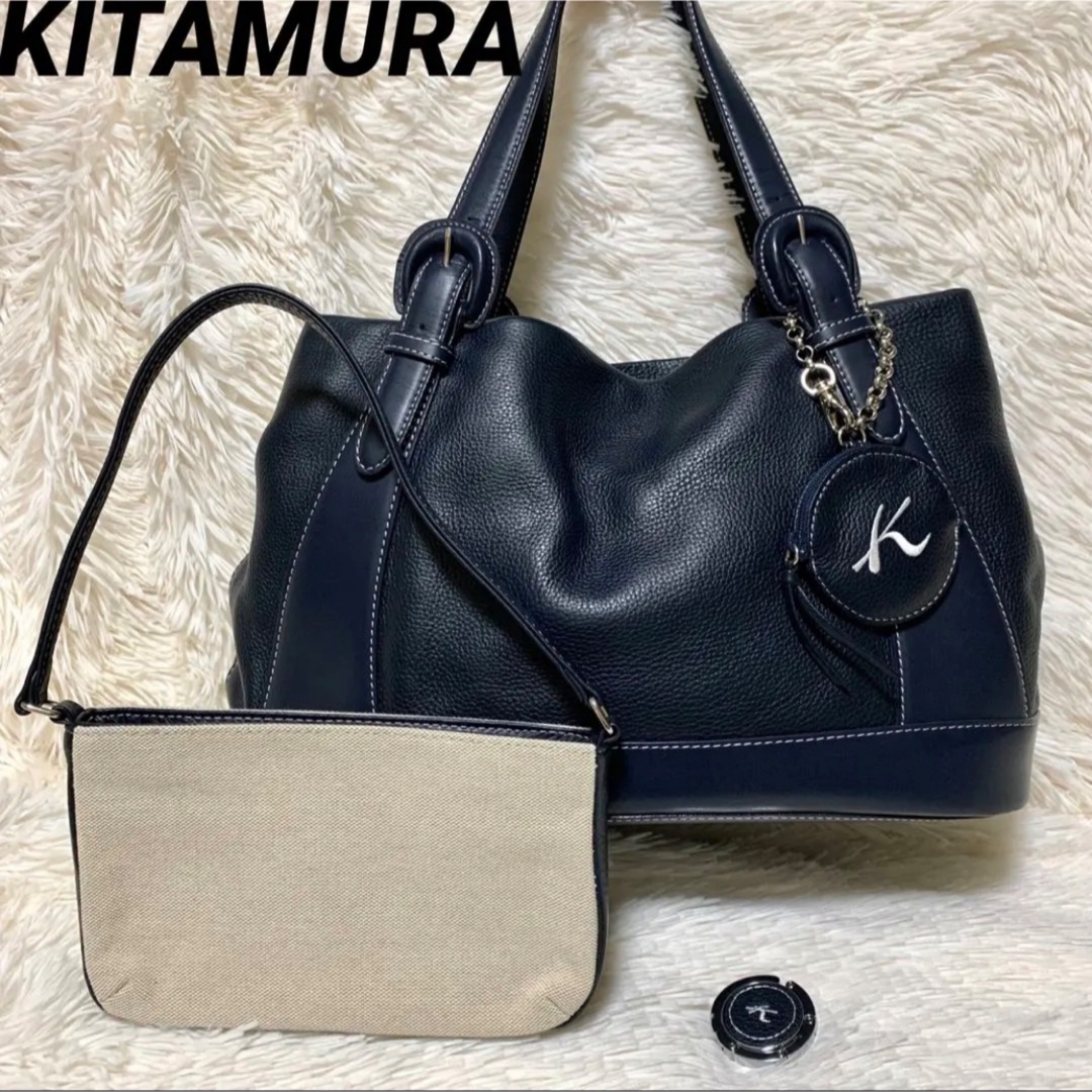 Kitamura　ワンショルダーバッグ　ハンドバッグ　レザー　Kロゴ　濃紺