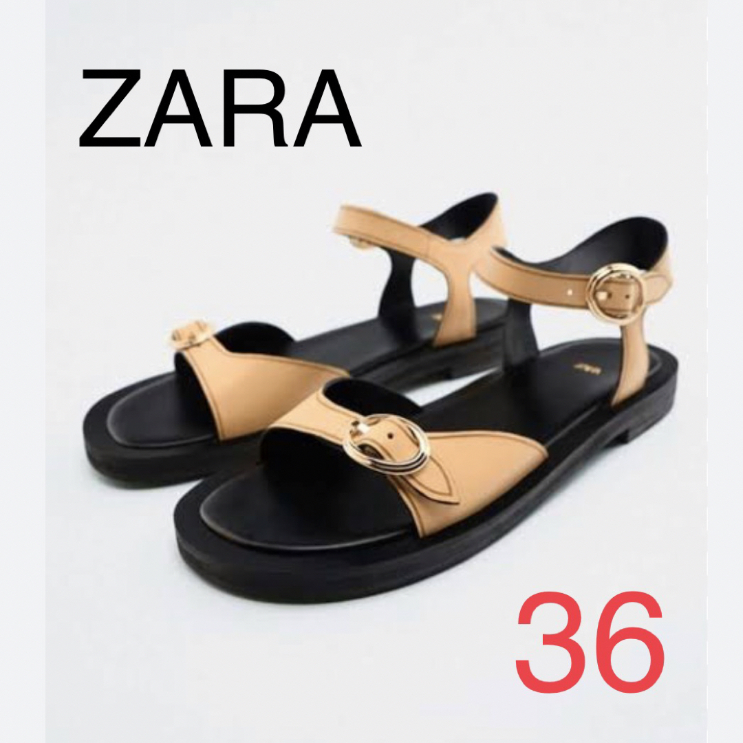 【新品】ZARA レザー フラット バックル サンダル 36 レザーサンダル | フリマアプリ ラクマ