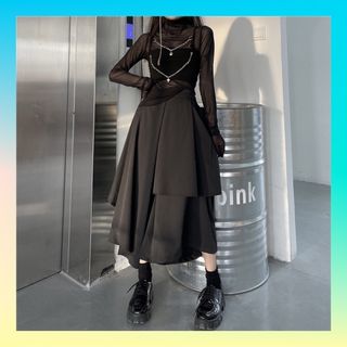 レディース　袴パンツ　ワイドパンツ　アシンメトリー　モード系　ブラックコーデ(サルエルパンツ)