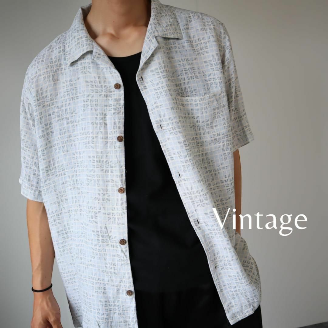 【vintage】シルク×リネン ボタニカル柄 格子 半袖シャツ 開襟 白 XL