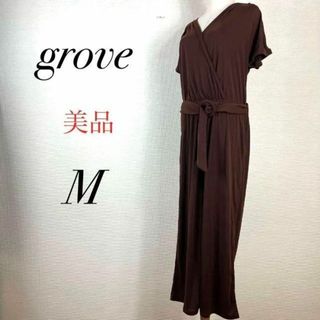 グローブ(grove)の美品　グローブ　ロンパース　ワイドストレートパンツ　焦茶　リボン　薄手　春夏(ロングワンピース/マキシワンピース)