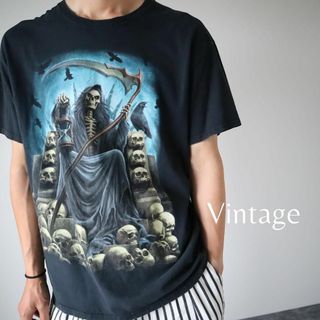 アートヴィンテージ(ART VINTAGE)の【DOM】髑髏 死神 鎌 スカル BIG プリント ストリート Tシャツ 黒 L(Tシャツ/カットソー(半袖/袖なし))