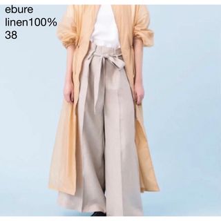 エブール(ebure)の356エブール5.7万リネン100%ハイウエストワイドパンツ微光沢ベージュ38M(カジュアルパンツ)