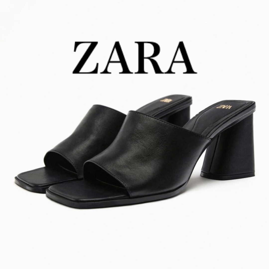 美品　ZARA ワイドヒールレザーサンダル　35 ブラック　黒 | フリマアプリ ラクマ