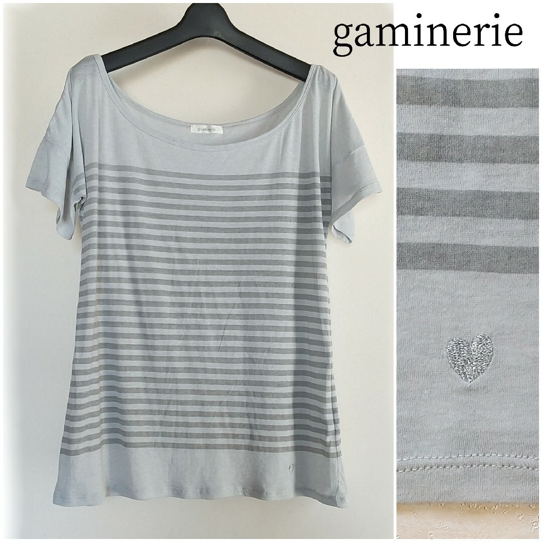 gaminerie(ギャミヌリィ)のgaminerie (JUN) Tシャツ チュニック (灰緑色・ボーダー) レディースのトップス(Tシャツ(半袖/袖なし))の商品写真