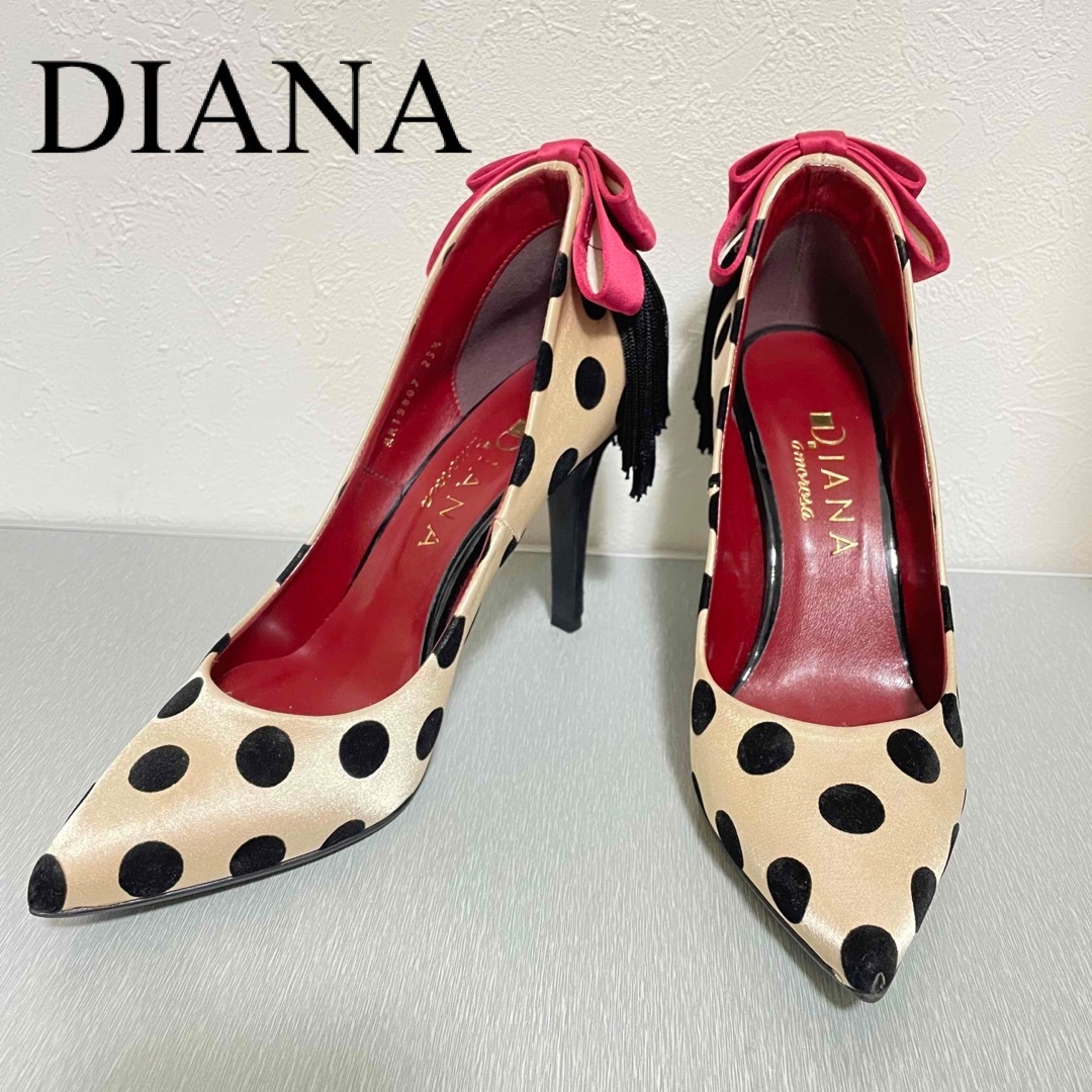 DIANA - 美品 ダイアナ パンプス アモロサ ドット リボン フリンジ の