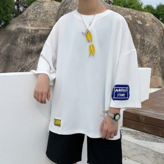 韓国 メンズ 七分袖 Tシャツ 白 ホワイト(Tシャツ/カットソー(七分/長袖))