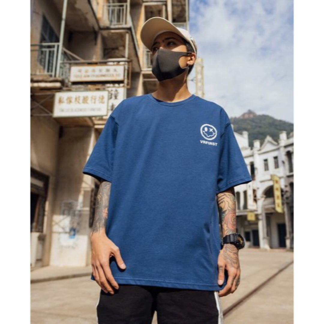ニコちゃん バックプリント メンズ 半袖 Tシャツ 韓国 ストリート ブルー メンズのトップス(Tシャツ/カットソー(半袖/袖なし))の商品写真