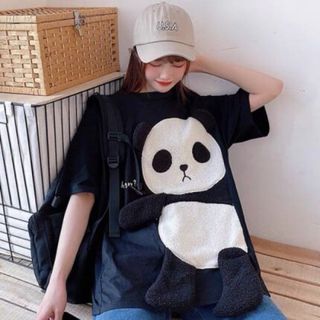 パンダ 韓国 レディース 半袖 Tシャツ ブラック(Tシャツ(半袖/袖なし))