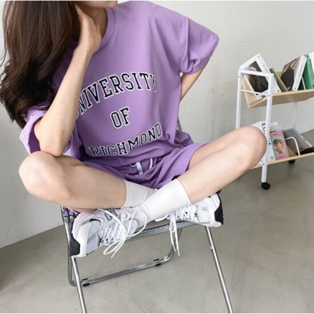 韓国 セットアップ レディース Tシャツ ショートパンツ ジャージ パープル レディースのルームウェア/パジャマ(ルームウェア)の商品写真