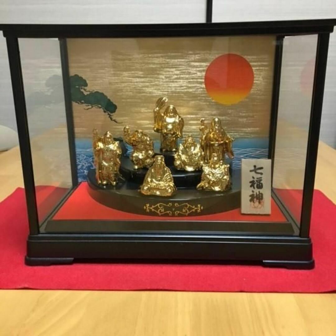 【美品】七福神 置物　ガラスケース入り 合金製　純金メッキ仕上のサムネイル