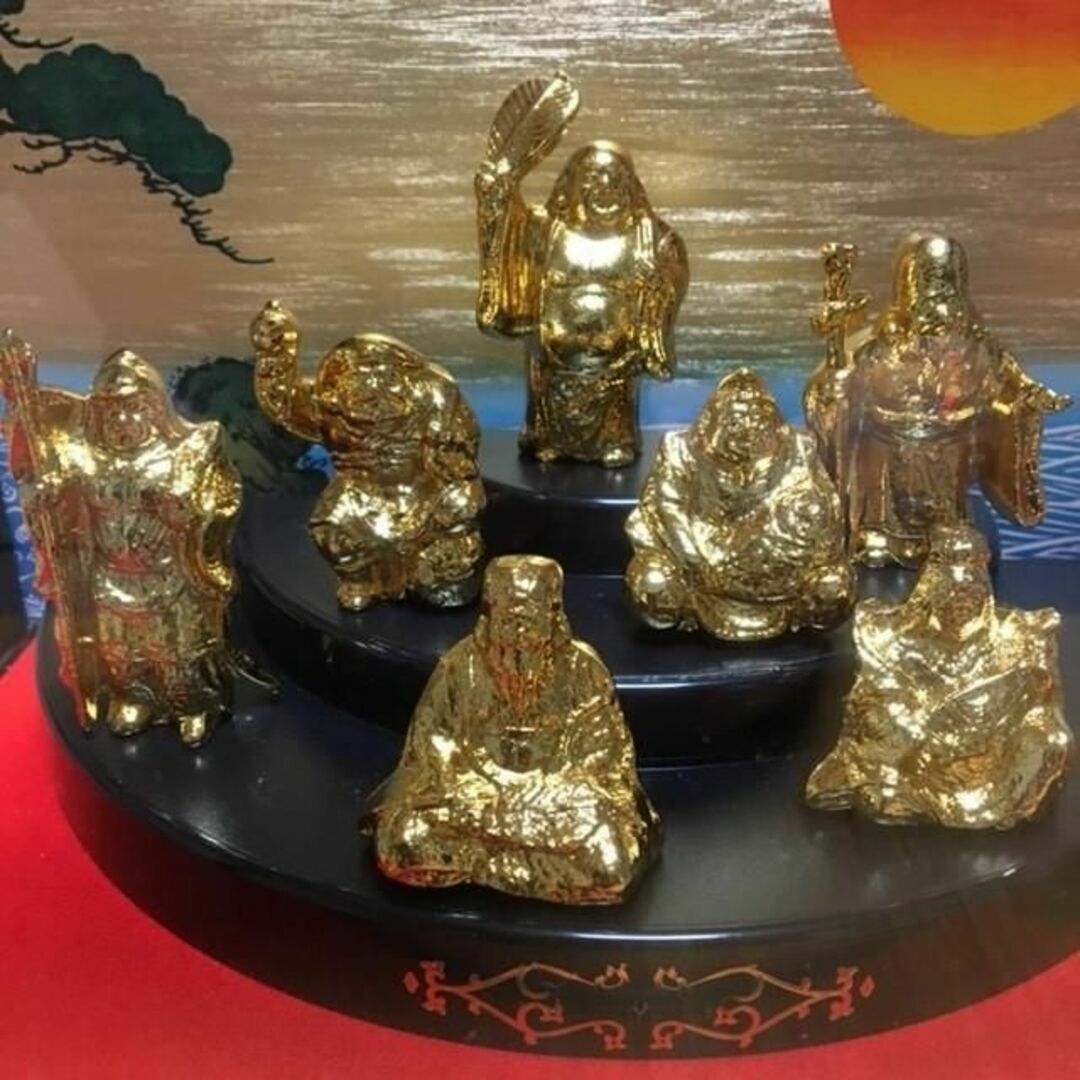 美品】七福神 置物 ガラスケース入り 合金製 純金メッキ仕上-