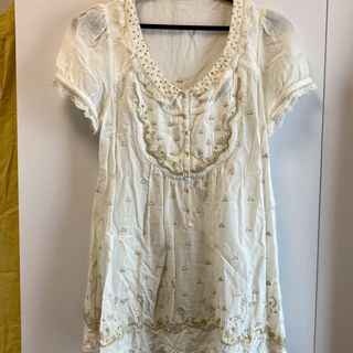 シェリーラファム(cherir la femme)のフランシュリッペ＊シェリーラファム桃とスワン*ビーズ刺繍丈長ブラウス やや難あり(シャツ/ブラウス(半袖/袖なし))