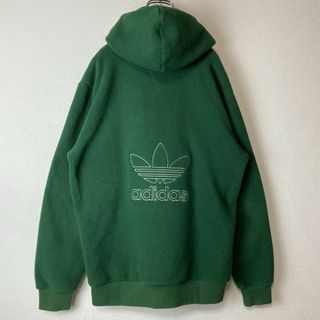 【人気グリーン】adidasフリースパーカー古着両面刺繍ロゴ緑ストリートM長袖