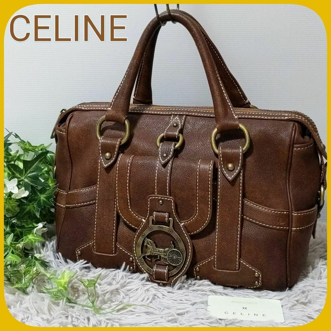 希少 CELINE ハンド バッグ 馬車金具 レザー 男女兼用 セリーヌ 茶