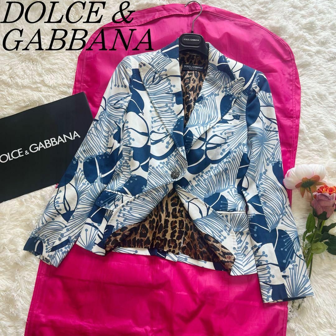 【良品】DOLCE&GABBANA 総柄ジャケット ブルー レオパード 40素材コットン