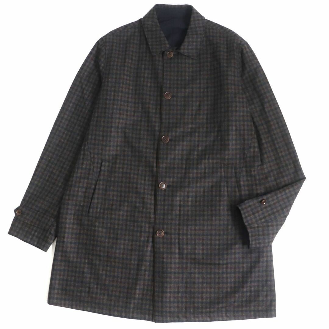 未使用品▼Loro Piana ロロピアーナ チェック柄 レザー使い カシミヤ混 リバーシブル ステンカラーコート XL メンズ 茶×黒 伊製 正規品