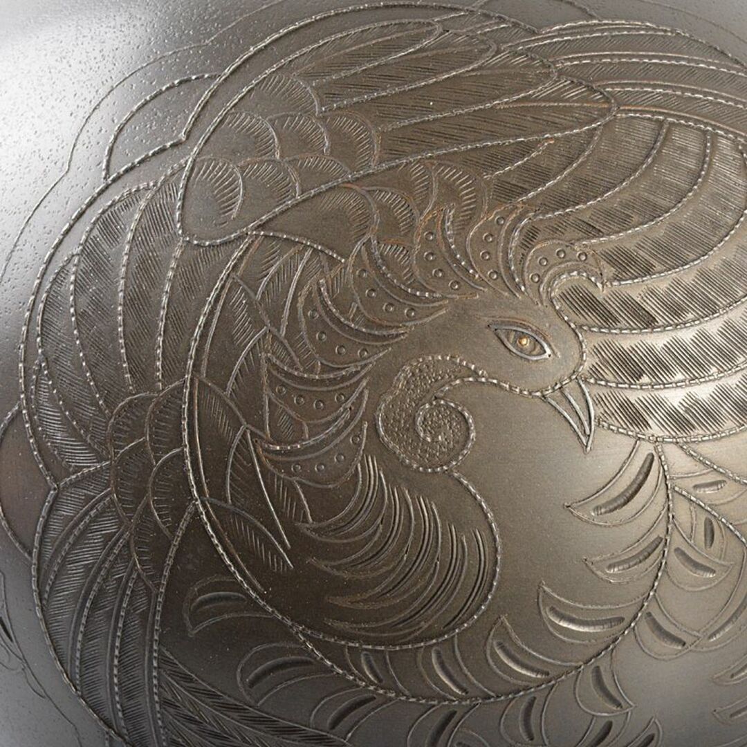 高岡銅器　般若勘渓作　鋳銅　銀象嵌　美芝刻　鳳凰文　花瓶　共箱　M　R6081C