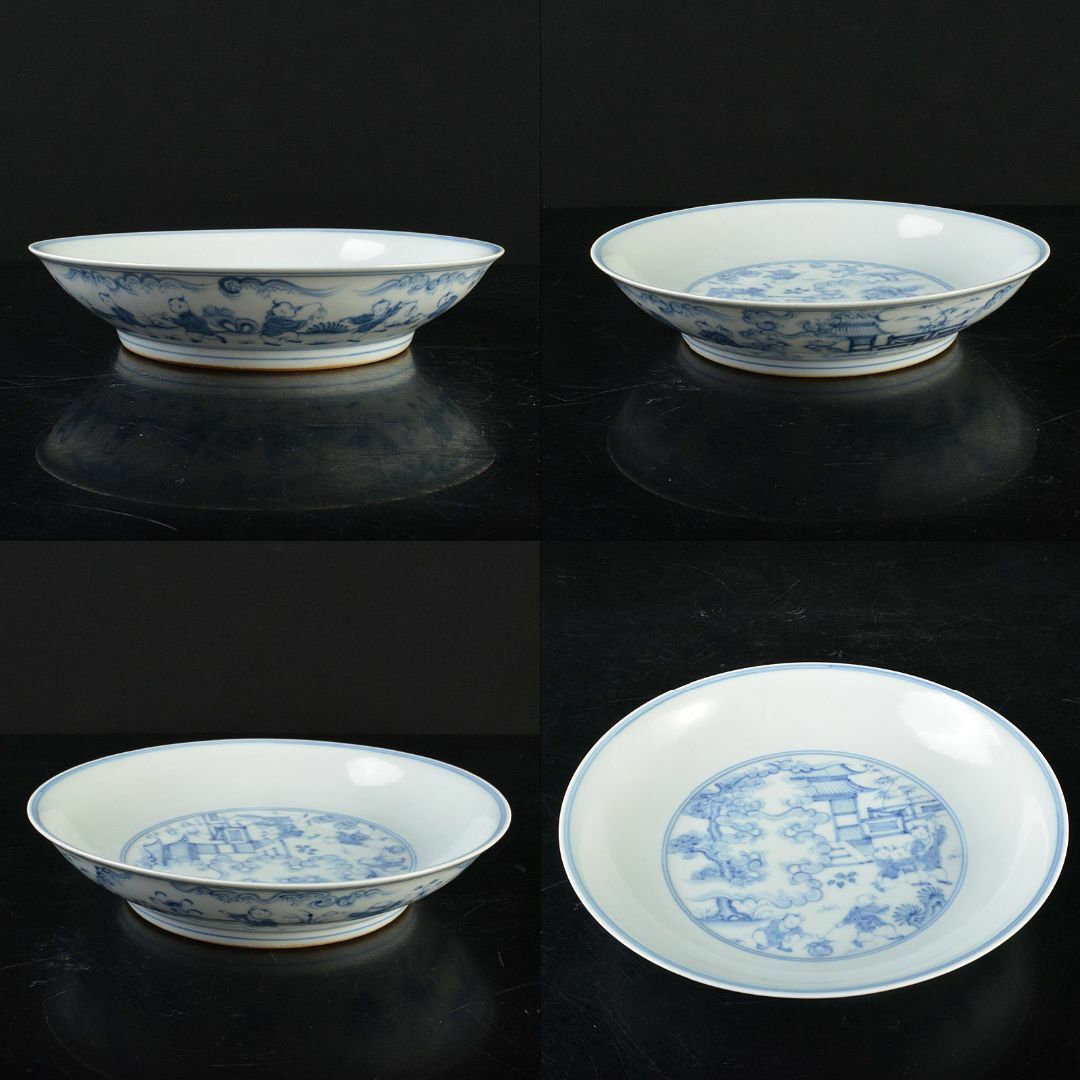 中国　大明成化年製　青花　山水唐子文盤　皿　M　R6085