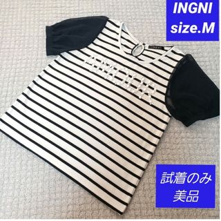 イング(INGNI)の試着のみ美品！INGNI ネイビー×白 ボーダー  シースルー袖 半袖トップス(カットソー(半袖/袖なし))