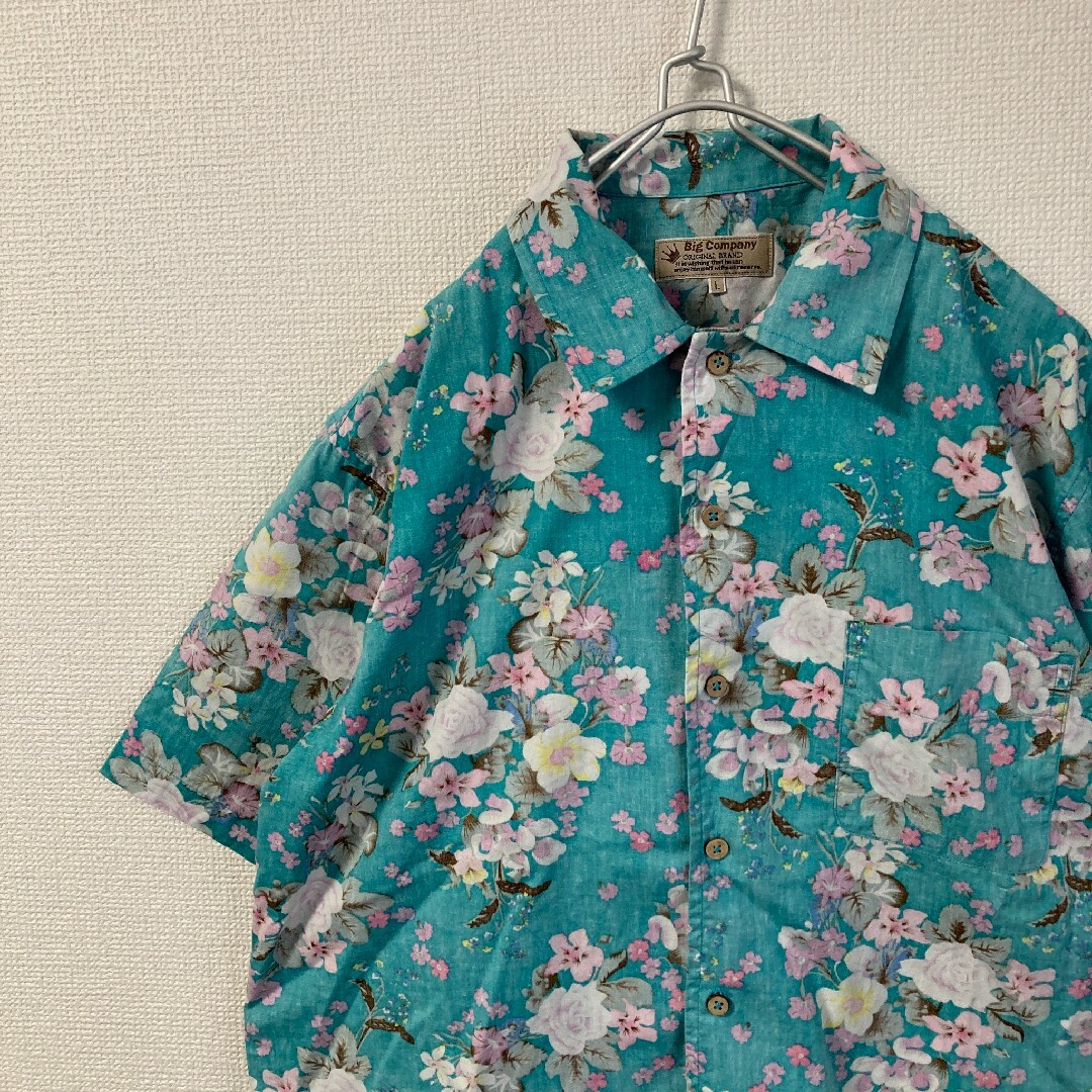 ★アロハシャツ 花柄 ココナッツボタン ボタニカル ブルー Lサイズ 半袖★