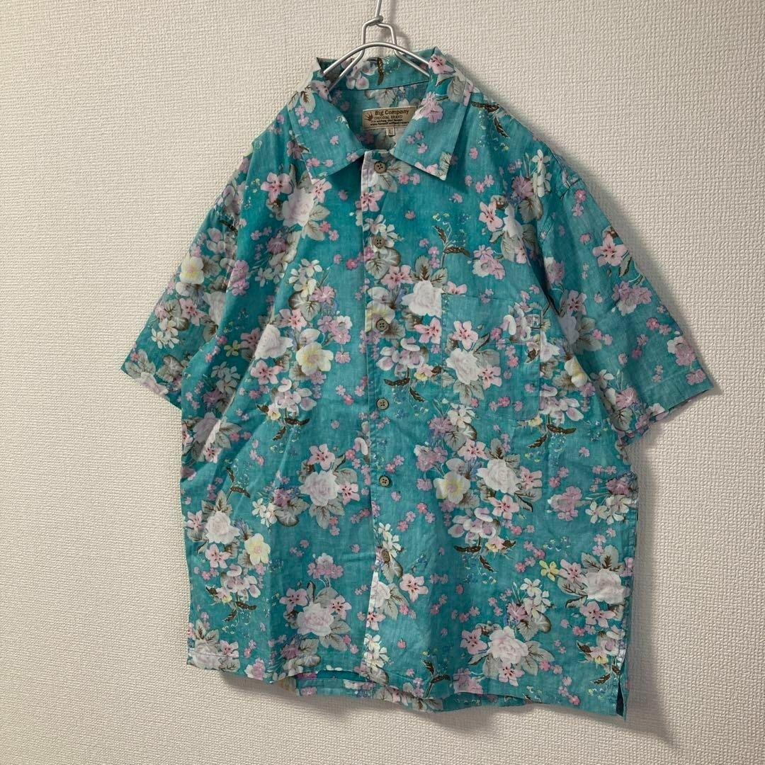 ART VINTAGE(アートヴィンテージ)の★アロハシャツ 花柄 ココナッツボタン ボタニカル ブルー Lサイズ 半袖★ メンズのトップス(シャツ)の商品写真