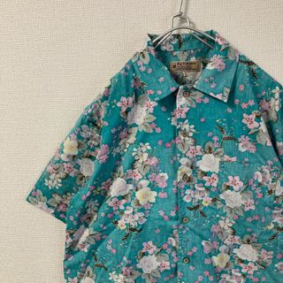 アートヴィンテージ(ART VINTAGE)の★アロハシャツ 花柄 ココナッツボタン ボタニカル ブルー Lサイズ 半袖★(シャツ)