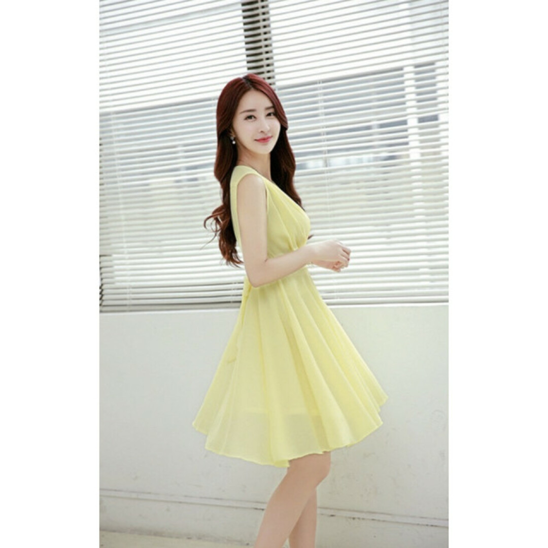 ブライズメイド 黄色 イエロー ドレス ワンピース 美品 膝丈 ノースリーブ レディースのフォーマル/ドレス(ミディアムドレス)の商品写真
