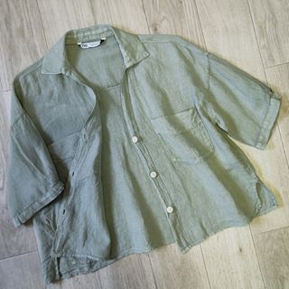 ザラ(ZARA)のZARA ザラ 麻半袖シャツ カーキ 半袖ジャケット Mサイズ レディース(シャツ/ブラウス(半袖/袖なし))