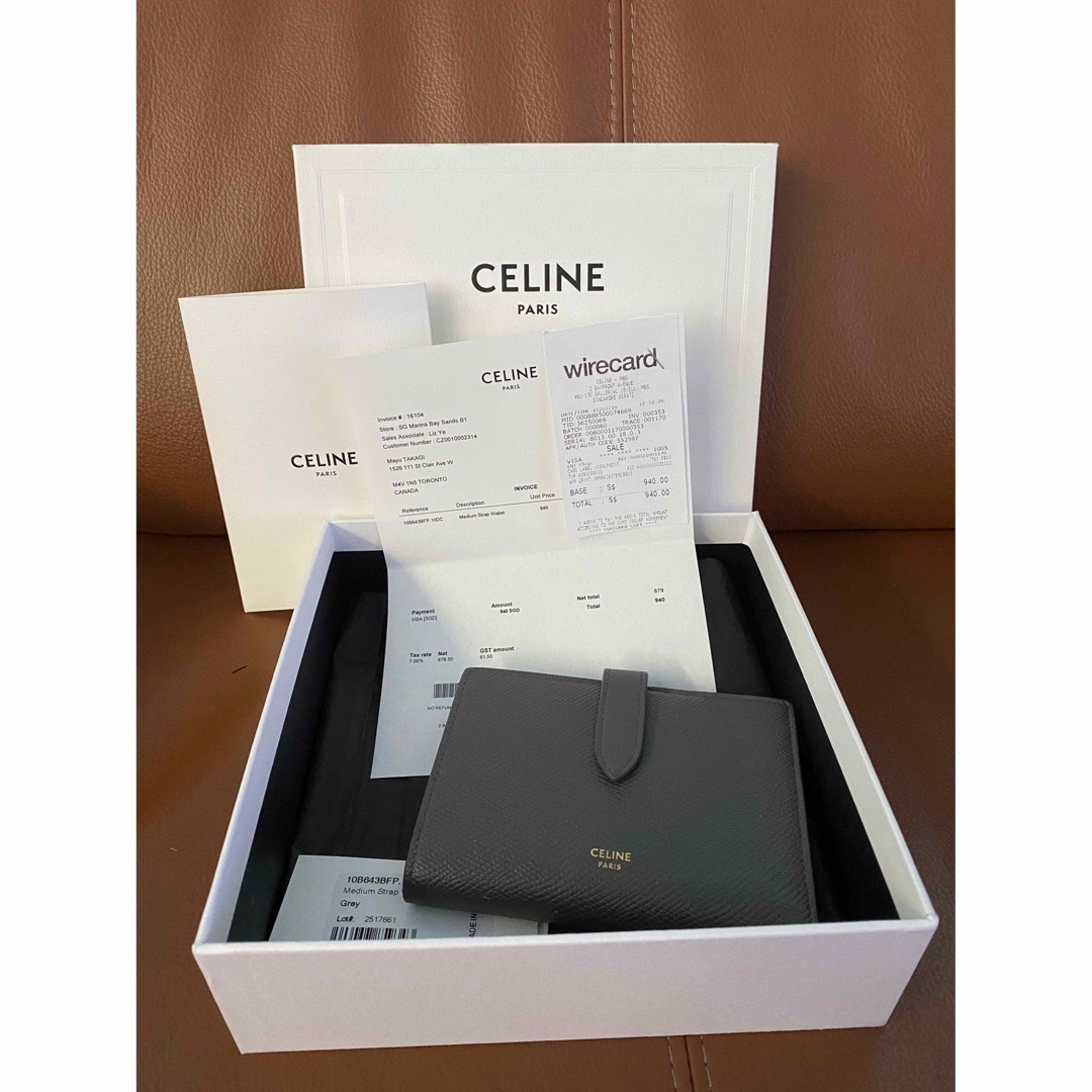 【美品】CELINE セリーヌ ミディアムストラップ レザー 財布 グレー