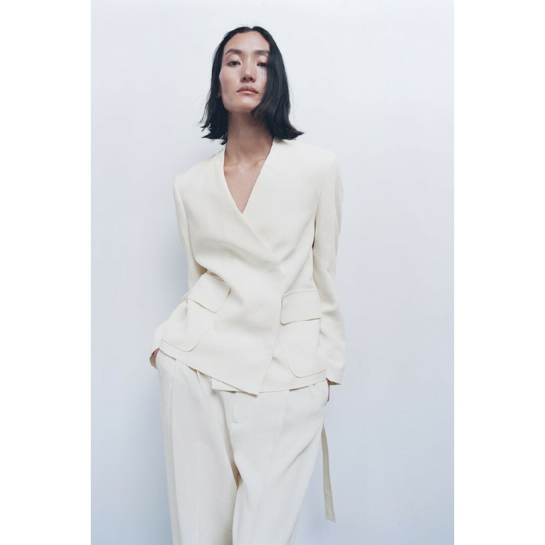 ZARA - ZARA リネンブレンドブレザー ベルト Sサイズ ホワイトの ZARA - ZARA リネンブレンドブレザー ベルト Sサイズ ホワイトの