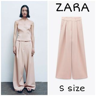 ザラ(ZARA)のZARA　ダーツ入りワイドレッグパンツ　Sサイズ　ピンク色(カジュアルパンツ)