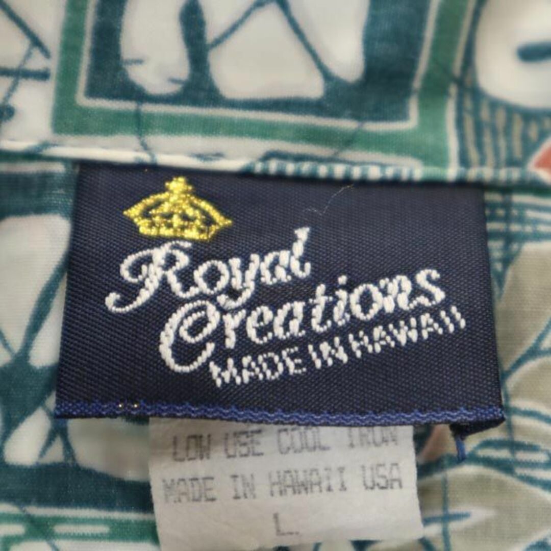 ロイヤルクリエーションズ 80s ヴィンテージ ハワイ製 総柄 アロハシャツ L グリーン系 ROYAL CREATIONS リバースプリント オープンカラー 開襟 メンズ   【230726】 メール便可