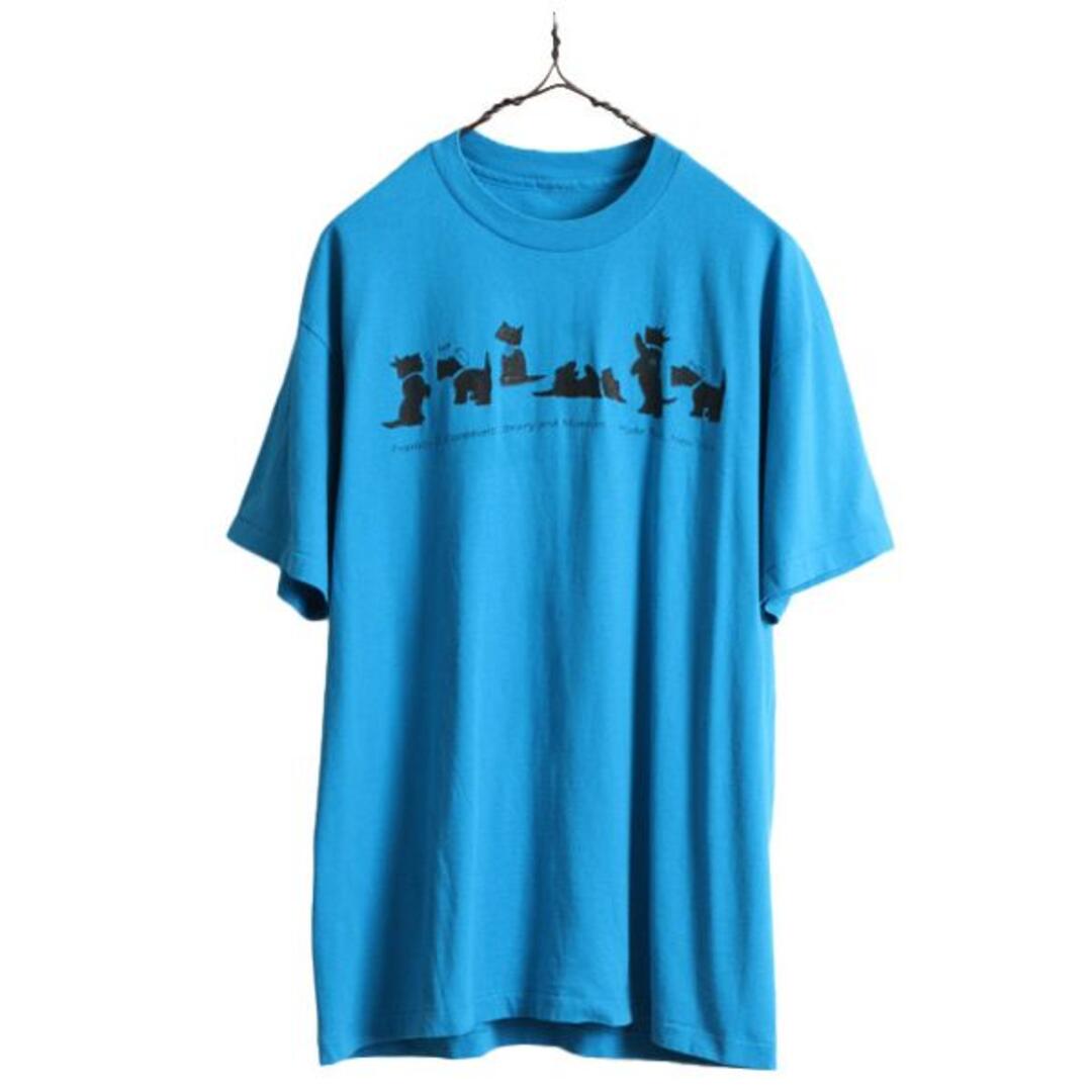 90s ドッグ アート イラスト プリント Tシャツ L アート スーベニア 青 ...